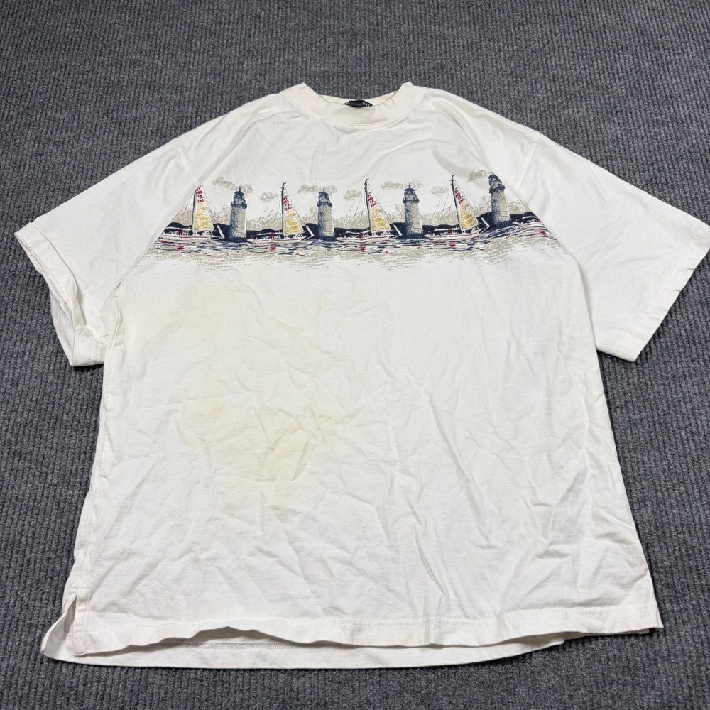 Keeler Bay Shirt Mens XL White Sailboat Lighthouse Graphic Cotton Nautical